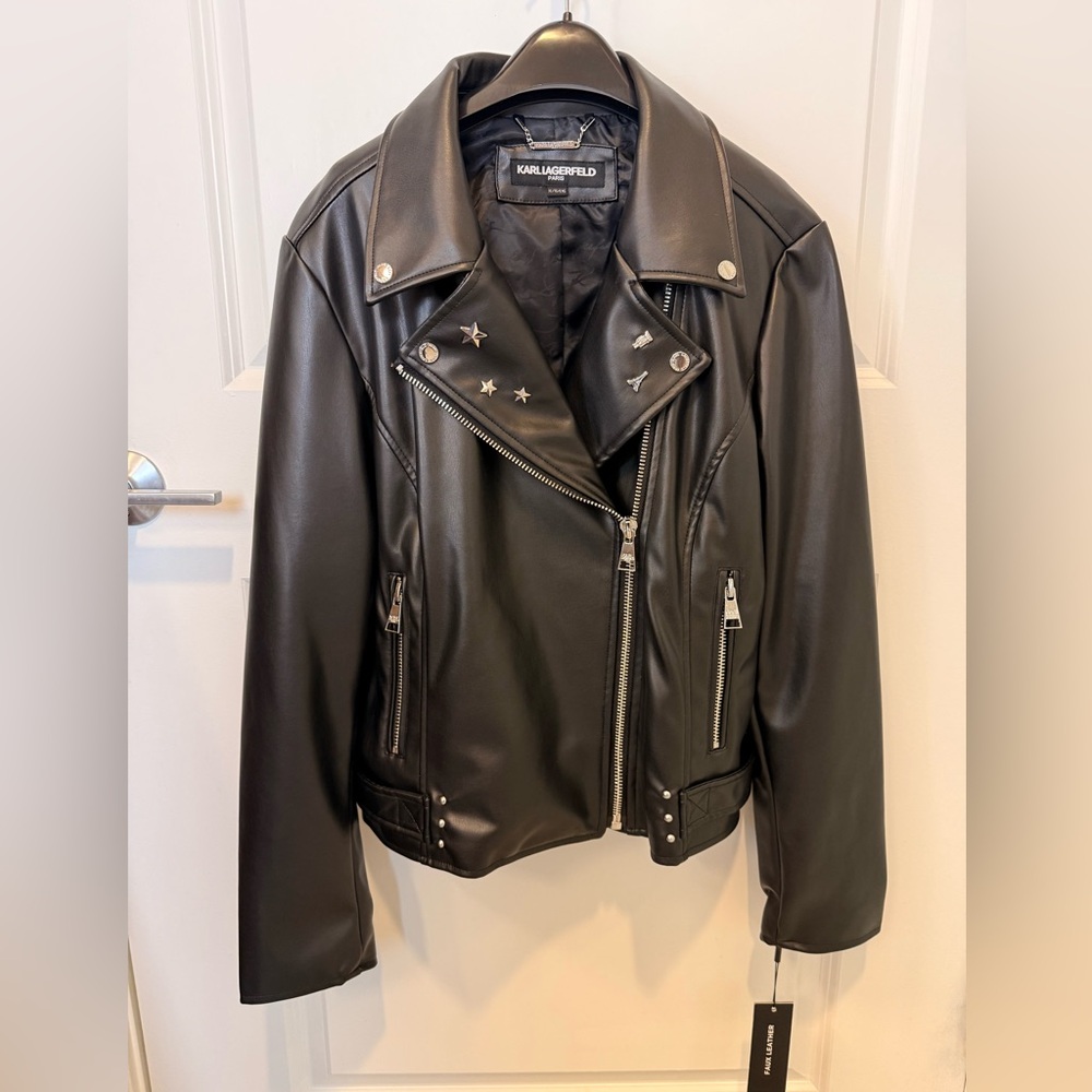 $250 Karl Lagerfeld Paris Women's Logo Pin‎ Asymmetrical Moto Jacket Size XL - Picture 2 of 8